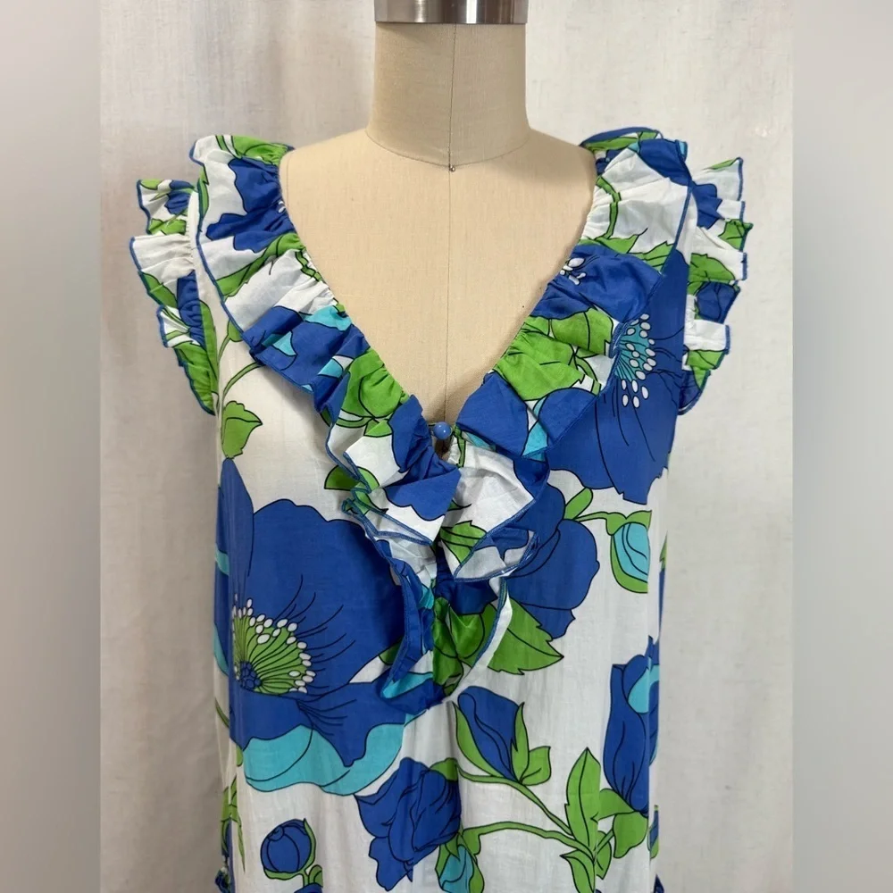Kate Spade Blue Green Floral Ruffle V-Neck Sleeveless Dress size 6